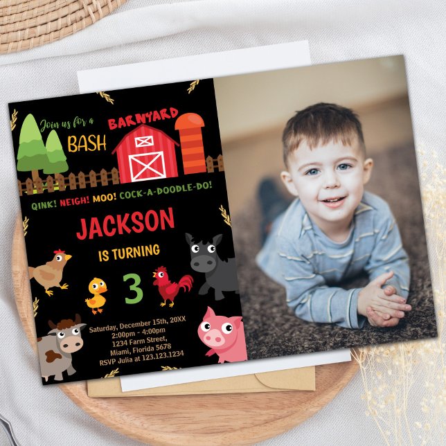 Photo Black Red Farm Animaux Invitations Anniversa (Photo Black Red Farm Animals Birthday Invitations)