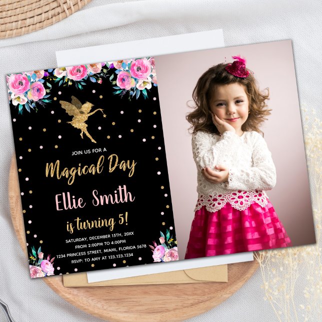 Photo Black Rose Floral Fairy Invitations Annivers (Photo Black Pink Floral Fairy Birthday Invitations)