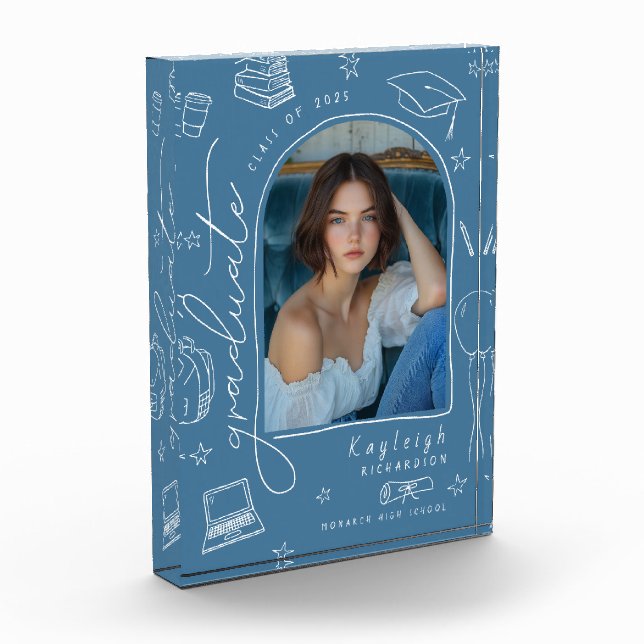 Photo Bleu Dusty Retro Main dessinée Graduation Bloc pho (Gauche)