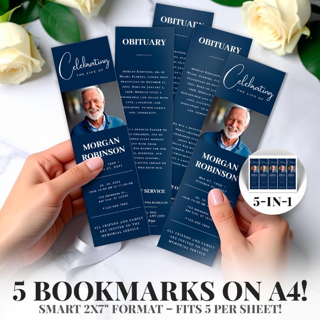 Photo bleu marine 2x7" do-it-yourself Signet funér (Celebration of Life,Obituary,Photo  Nevy Blue Foto 2x7" DIY Funeral Bookmark Template)