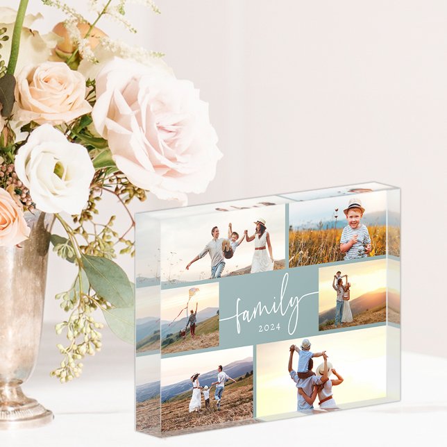 Photo Bloc de photos de famille Blue (Dusty Blue and White Elegant Calligraphy Script Family Photo Collage Photo Block by Simply Said)
