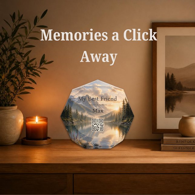 Photo Bloc mémorial de code QR personnalisé Rainbow Brid (Rainbow Bridge acrylic memorial block with a customizable QR code and peaceful mountain lake artwork)