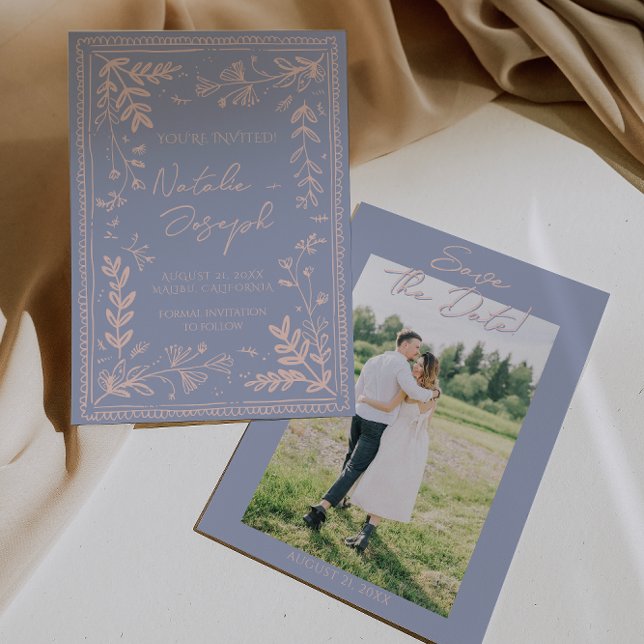 Photo Blue Cream Drawn Floral Garden Save The Date (Créateur téléchargé)