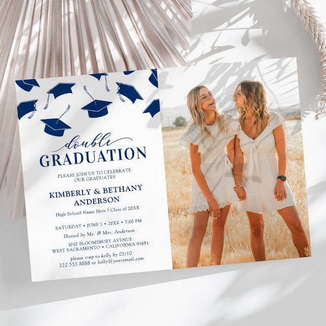 Photo Blue Double Graduation Party Invitations (Créateur téléchargé)