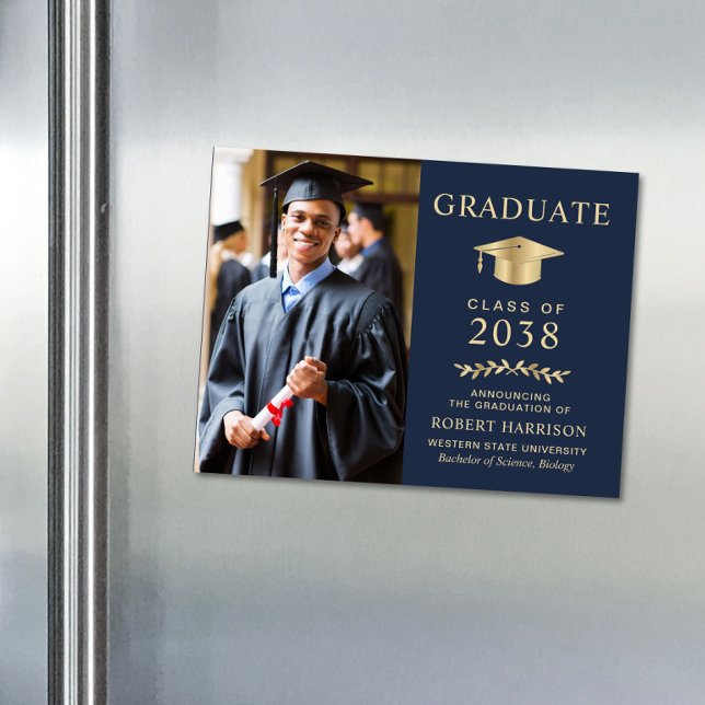 Photo Blue Gold Graduation Faire-part Magnet (An elegant college graduation announcement magnet to celebrate the graduate's achievements)