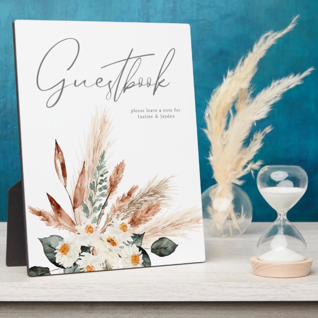 Photo Boho Cuivre Pampas & Beige Floral Guestbook Plaque (Côté)