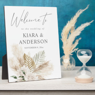 Photo Boho Pampas Grass Beige & Floral Bienvenue Plaque