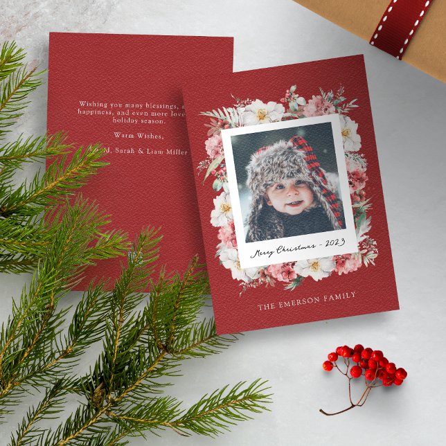 Photo Botanique Carte de Noël (Red Merry Christmas Photo Holiday Card with Elegant Watercolor Botanical Florals Berries)