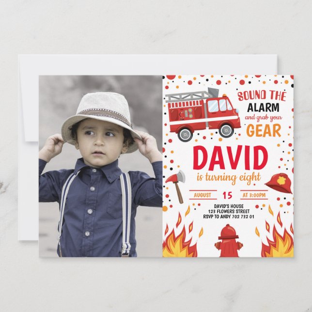 Photo Boy Birthday Firefighter Invitation Fireman (Devant)