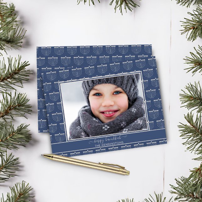Photo Budget Blue White Menorah Hanoukka (Budget Blue White Menorah Hanukkah Photo Holiday Card)