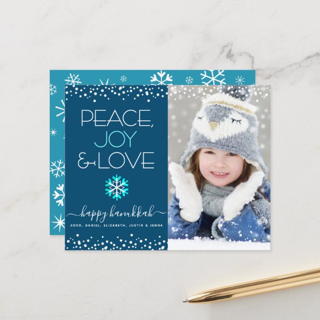 Photo Budget Hanoukka Peace Love Snowflake Card (Devant/Arrière en situation)