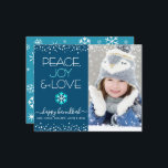 Photo Budget Hanoukka Peace Love Snowflake Card<br><div class="desc">"Paix, joie et amour." Une illustration amusante, ludique, bleu turquoise et blanc de flocon de neige, des points de confettis blancs, et une typographie moderne turquoise et blanche sur un arrière - plan bleu marine, avec la photo personnalisée de votre choix, vous aider à ouvrir la saison Hanoukka. Un motif...</div>
