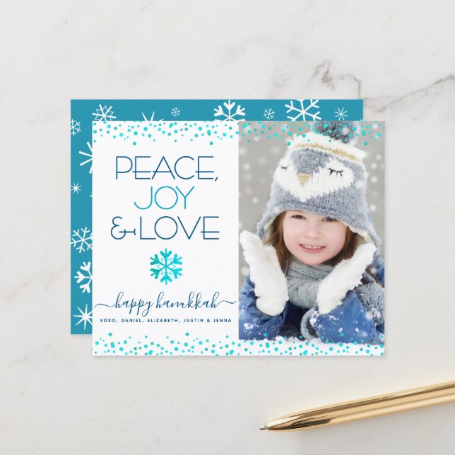 Photo Budget Hanoukka Peace Love Snowflake Card (Devant/Arrière en situation)