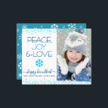 Photo Budget Hanoukka Peace Love Snowflake Card<br><div class="desc">"Paix, joie et amour." Une illustration amusante, ludique, bleu turquoise faux flocon de neige, des points de confettis, et une typographie moderne turquoise et bleu marine sur un arrière - plan blanc propre, avec la photo personnalisée de votre choix, vous aider à ouvrir la saison Hanoukka. Un motif de flocon...</div>
