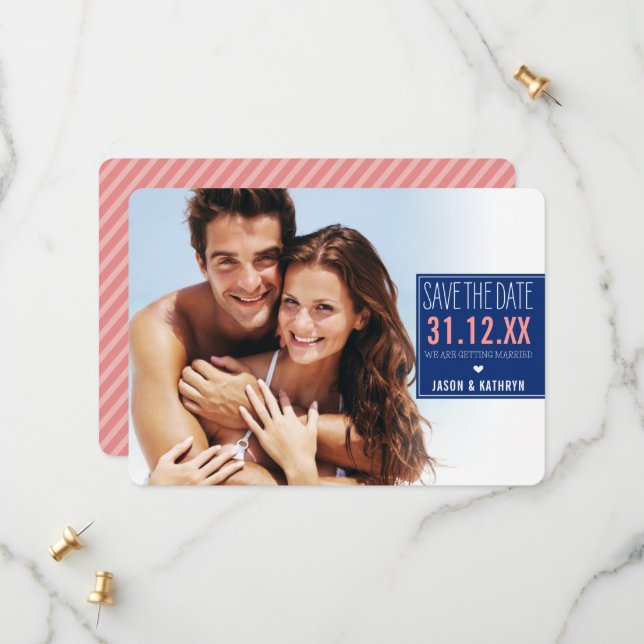 PHOTO CARTE DE SAVE THE DATE ombré rayure angulair (Devant/Arrière en situation)