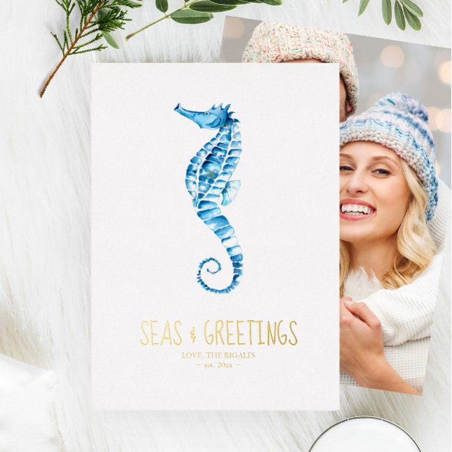 Photo Cartes de Noël Côtier (Coastal holiday cards unique blue watercolor seahorse art by Victoria Grigaliunas of Do Tell A Belle)