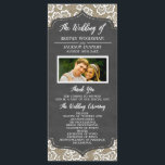 Photo Chalkboard Burlap Lace Wedding Programmes<br><div class="desc">Photo Chalkboard Burlap Lace Wedding Programs - disposent d'un burlap et dentelle arrière - plan avec un cadre imprimé Chalkboard. Différents éléments de texte sont imprimés dans un script élégant pour une décoration rustique ou campagnarde. Téléchargez votre propre photo pour un look personnalisé.</div>
