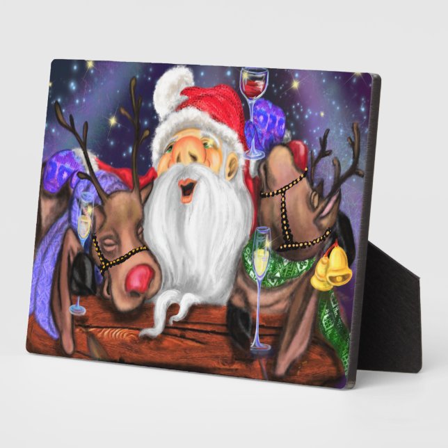 Photo Christmas Plaque Gift Santa and Reindeers Fun (Côté)