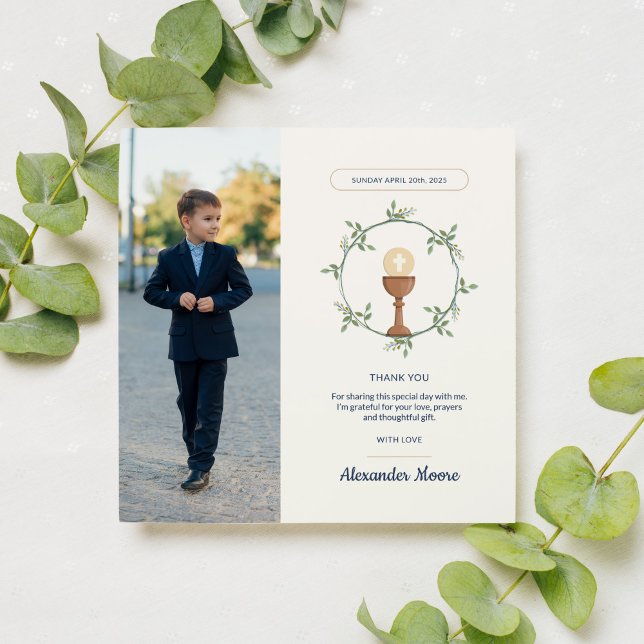 Photo Communion Carte de remerciements - couronne  (First Communion reminder with photo and floral wreath)