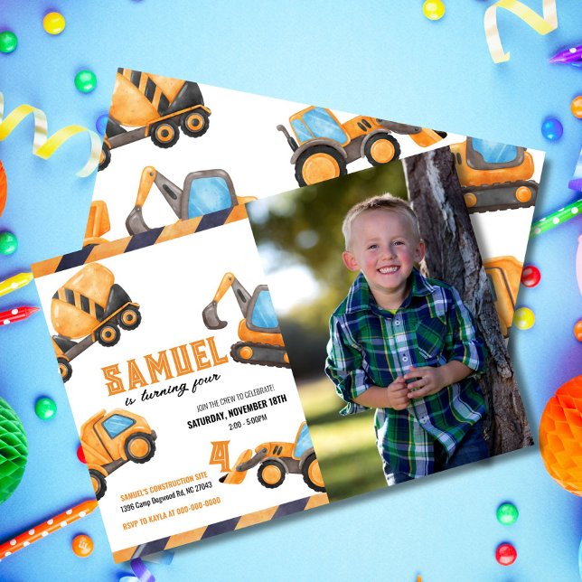 Photo Construction Camion Anniversaire Invitation (Editable watercolor construction truck invitation with photo. Personalize for a fun birthday)