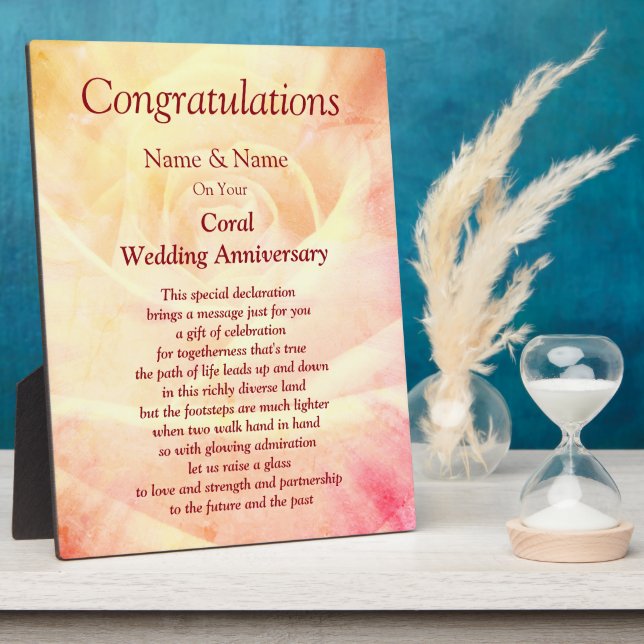Photo Coral 35th Wedding Anniversary  Plaque (Côté)