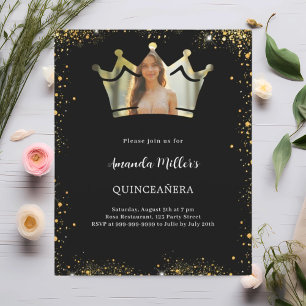 Photo couronne or noir Quinceanera invitation