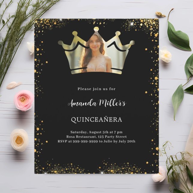 Photo couronne or noir Quinceanera invitation (Créateur téléchargé)