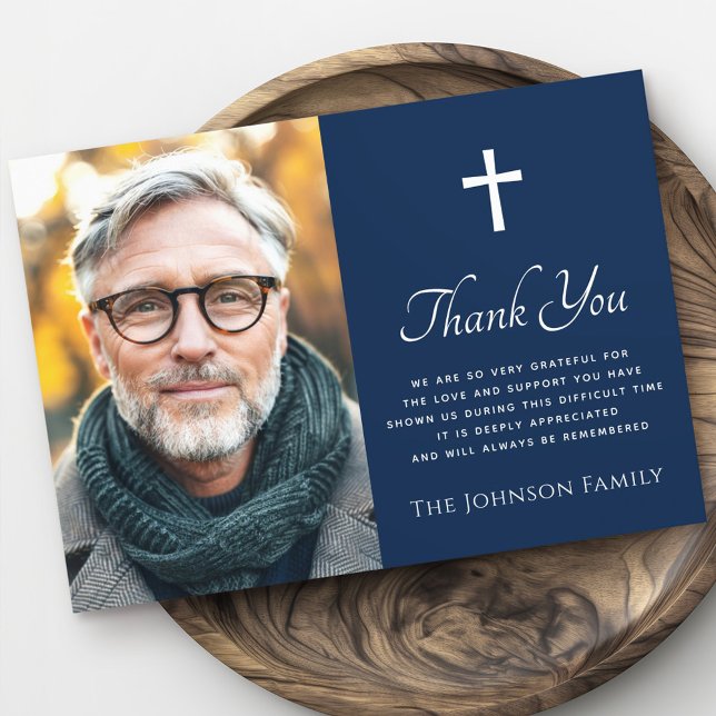 Photo croisée carte de remerciements de sympathie  (Cross photo dark blue sympathy thank you card)