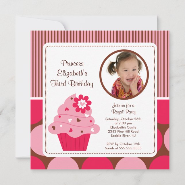 Photo Cupcake Invitation Anniversaire Fleur rose (Devant)