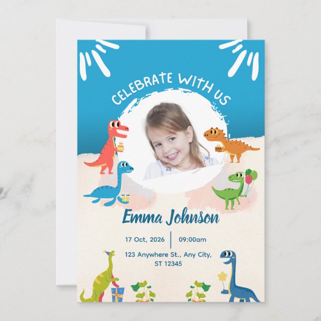 Photo Cute Dinosaures Pour Enfants Invitation Anni (Devant)