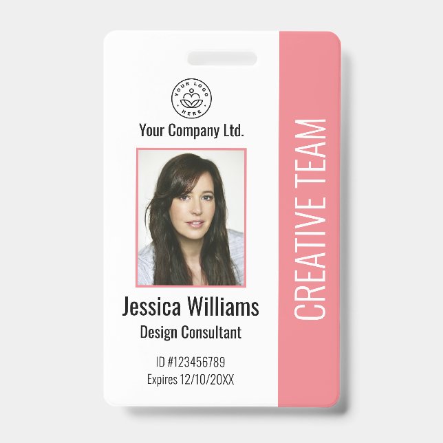Photo de badge d'identité d'employé rose avec logo (Avant)