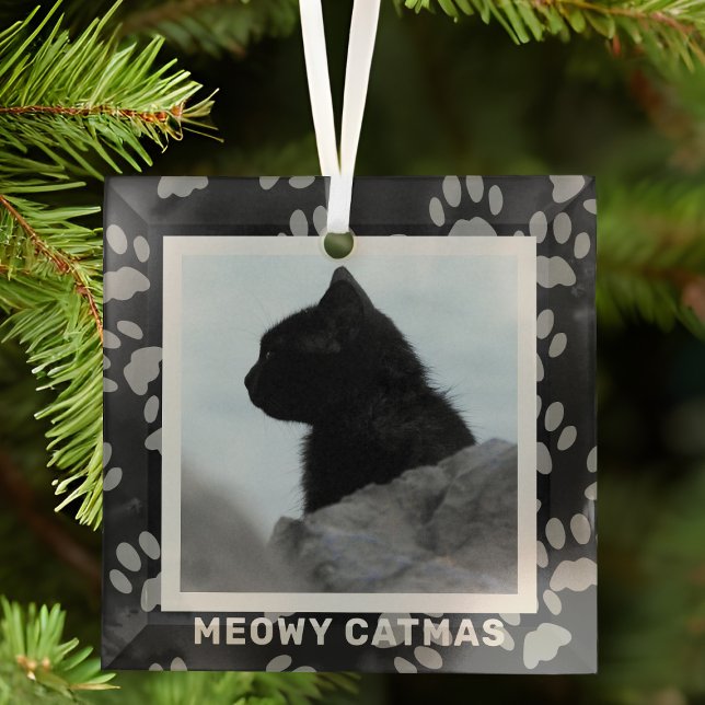 Photo de chat Meowa Catmas Ornement en verre d'ani (Add your black cat photo and hang it where your cat can't reach as they will play with it)