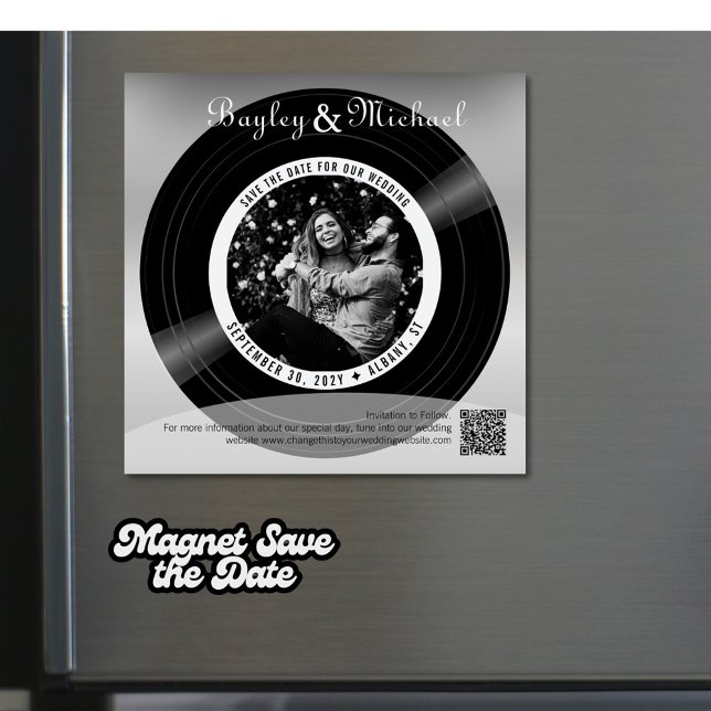 Photo de disque vinyle rétro pour faire-part de ma (Vinyl record wedding save the date magnet with your photo on the record label. )