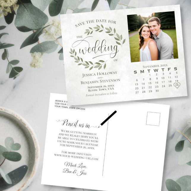 Photo de feuilles de sauge & Calendrier Faire-part (Front/Back)