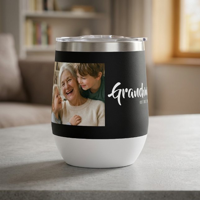 Photo de grand-mère établie par écriture (Grandma Established Script Photo Wine Tumbler)