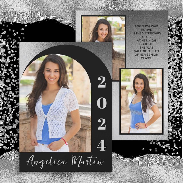 Photo de la promotion 2024 sous une arche argentée (Silver and black class of 2024 high school graduation announcement)