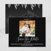 Photo de mariage à moto en cuir noir, carte "Save 