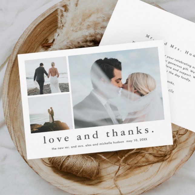 Photo de mariage Amour et Merci (Simple black and white love and thanks 3 photo collage wedding thank you card.)