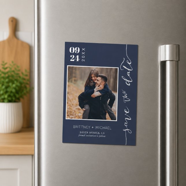 Photo de mariage bleu marine à conserver pour la d (Elegant navy blue photo save the date featuring modern typography, romantic handwritten magnet)