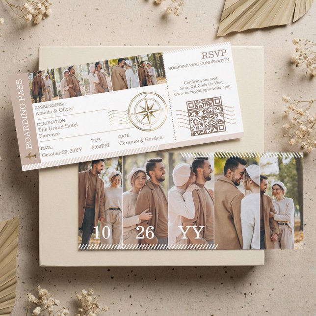 Photo de mariage de destination avec carte d'embar (Boarding Plane Ticket Destination Wedding Photo Invitation)