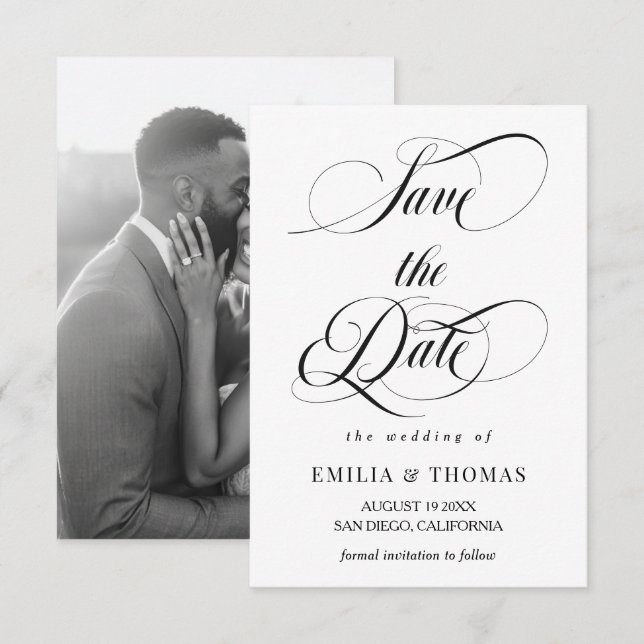 Photo de mariage noir et blanc Save The Date (Devant / Derrière)