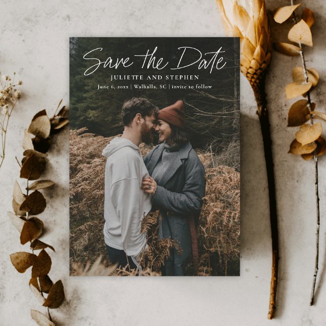 Photo de mariage simple et moderne de faire-part d (Handwritten Photo Wedding Save the Date with QR Code.)