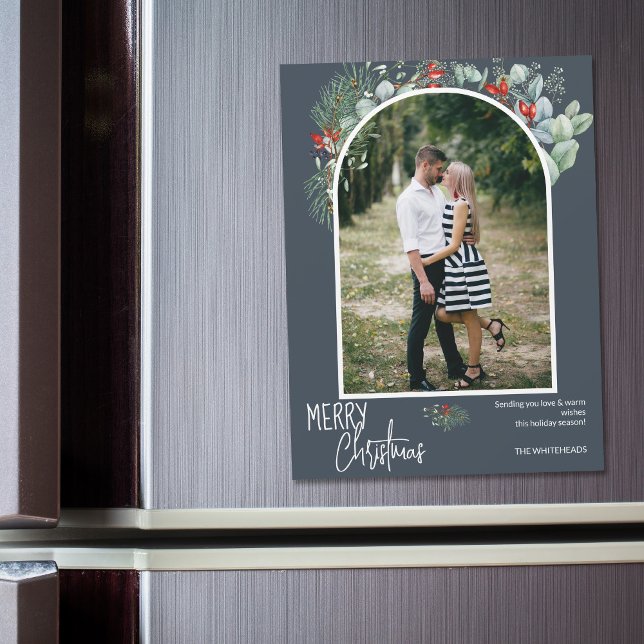 Photo de Noël Moderne Arch Verdure Bleu Poussiéreu (You will love these beautiful Christmas cards! They feature botanical watercolor pine and berries.)