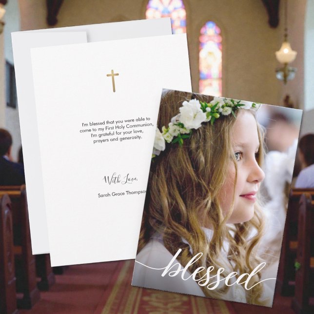 Photo de Première Sainte Communion Merci (Blessed 1st holy communion, custom photo gold cross thank you message card.)