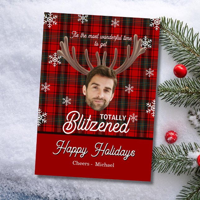 Photo de visage drôle Blitzened Carte de Noël sarc (Funny photo face holiday card it's the most wonderful time to get totally blitzened dry humor)
