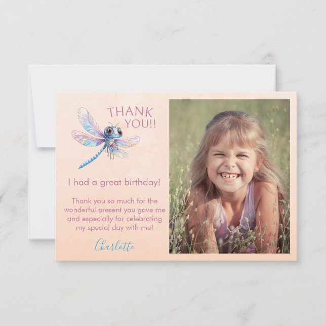 Photo Dragonfly Girl's Birthday Carte de remerciem (Devant)