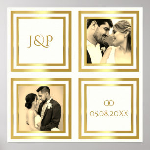Photo du jour de mariage collage blanc or Poster