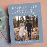 Photo Dusty Blue Wedding Réception Invitation<br><div class="desc">Étage bleu poussiéreux et économique ou petite faire-part mariage et accueil. Le devant présente votre photo de jour de mariage et "Happily Ever After Party" dans la typographie blanche moderne et script blanc tendance avec des swashes. Ajoutez vos prénoms et votre date de mariage. Au verso, vous pouvez personnaliser votre...</div>