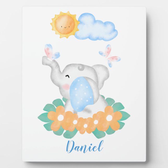 Photo Eléphant Bébé mignon avec fleurs orange Plaque (Devant)