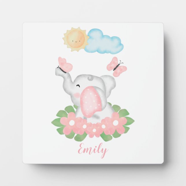 Photo Eléphant mignon bébé avec fleurs roses Plaque (Devant)